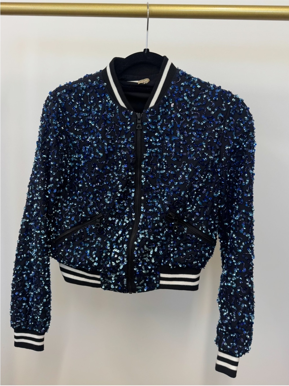 Alice + Olivia Navy Blue Sequin Bomber Jacket